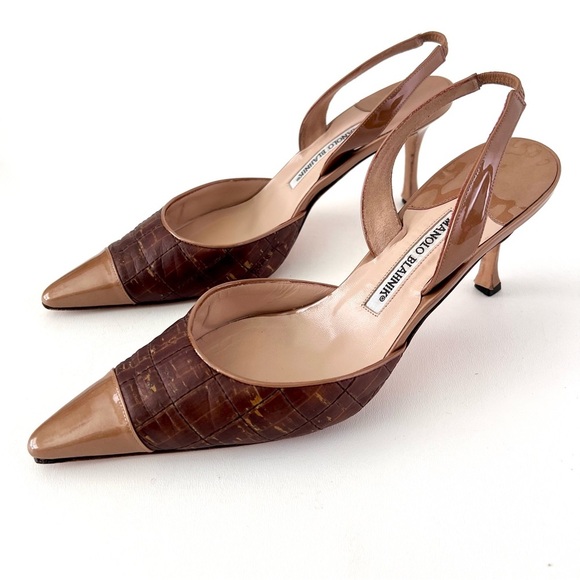 MANOLO BLAHNIK | Vintage SlingBack Pointed Toe Kitten Heel Leather Brown Tan 40 - Picture 3 of 15